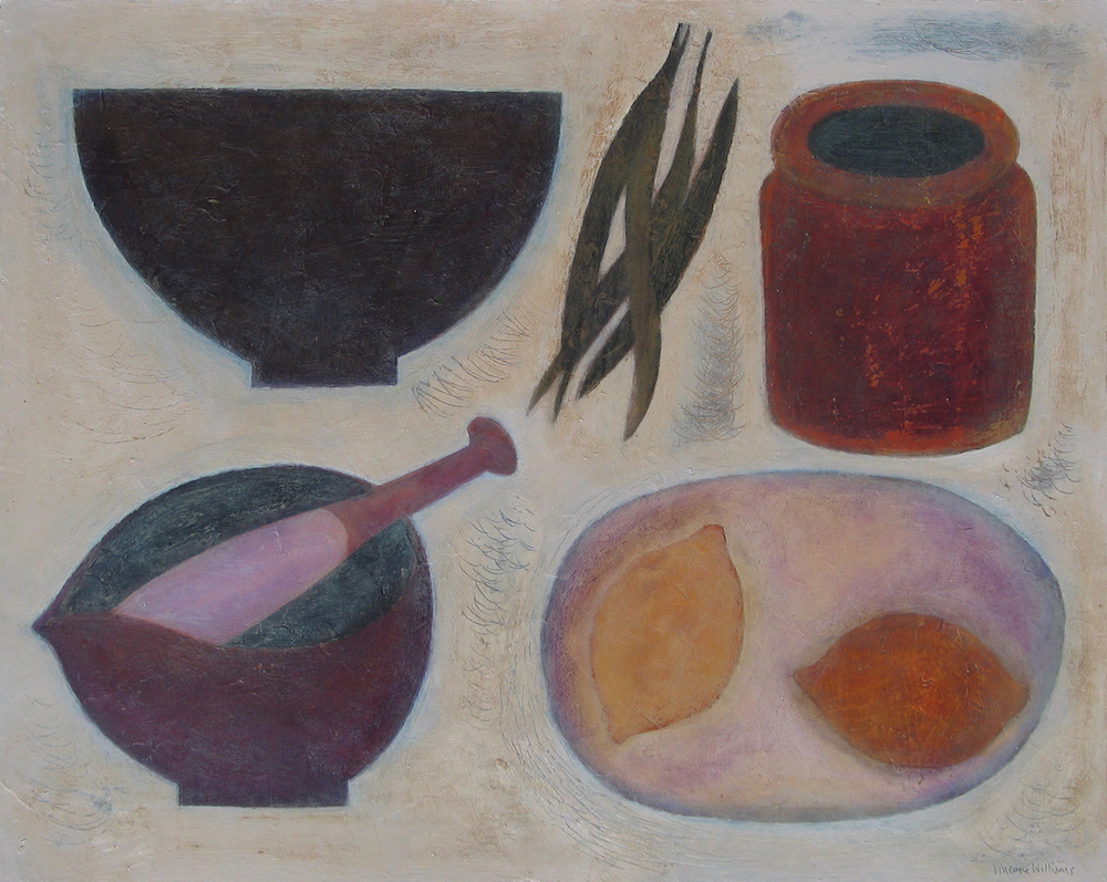 Vivienne Williams, ‘Kitchen Still Life with Lemons and Beans,’ mixed media, at the Jerram Gallery’s group exhibition in Sherborne, Dorset. Image courtesy of Jerram Gallery. 
